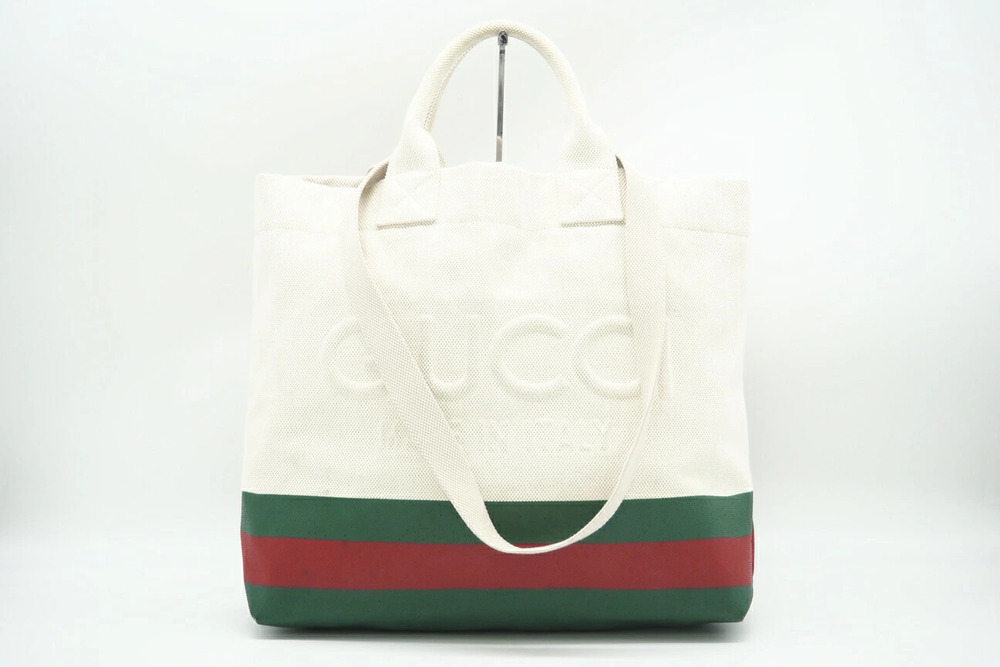 Gucci Canvas Sherry Tote Bag Cream Green Red